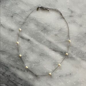 PREMIER DESIGNS Delicate Silver Tone Chain Necklace Faux Pearls Crystal Bead